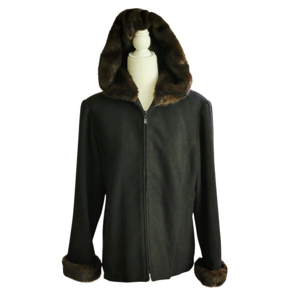 VTG Braetan Black Wool Blend Faux Fur Hooded Zip Front Coat Jacket with Pockets - Picture 2 of 15